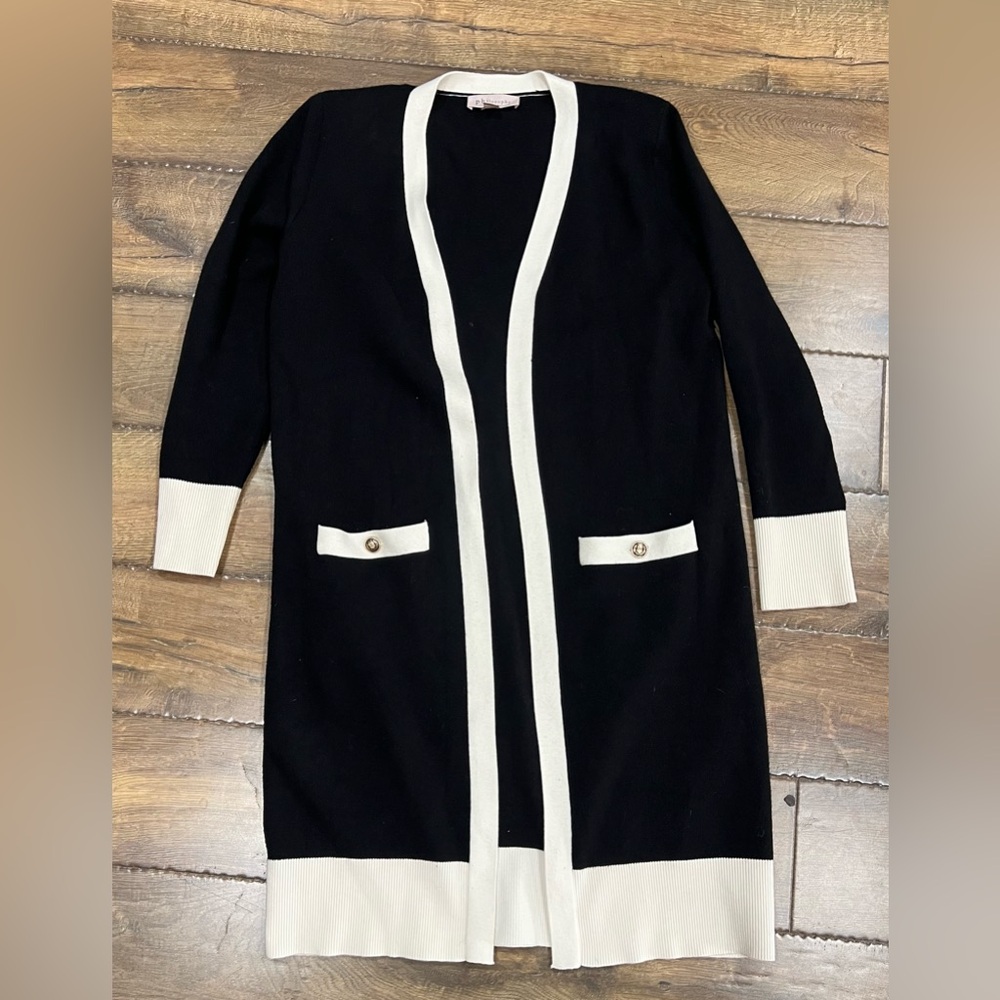 Philosophy Womens cardigan black with white trim, gold buttons  Sz M